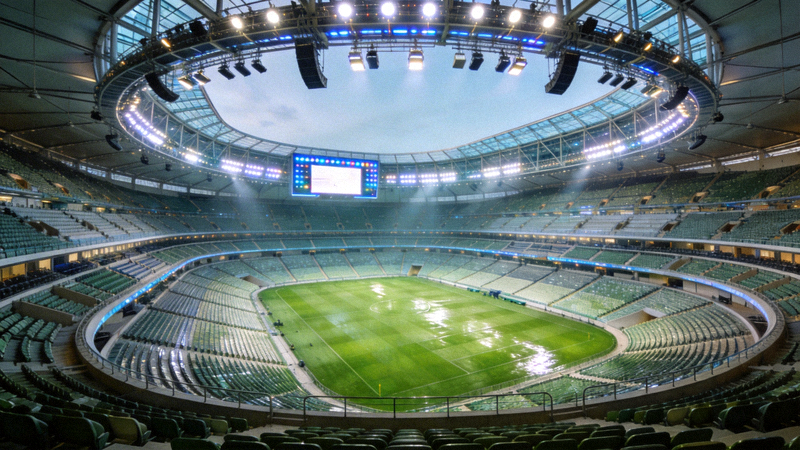 世界杯足球比赛场馆内部全景 - 现代球场与绿色草坪